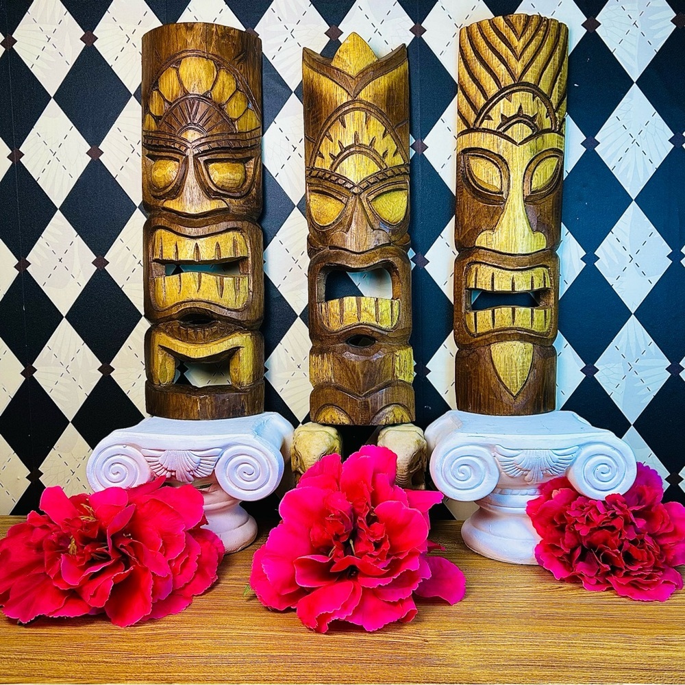 Carved Wood 20” Tiki Masks Set‎ of Three Mid-Century Tropical Wall Décor - Picture 5 of 6